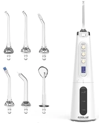 A GOOLUC ozone water flosser shown with its six interchangeable nozzle tips
